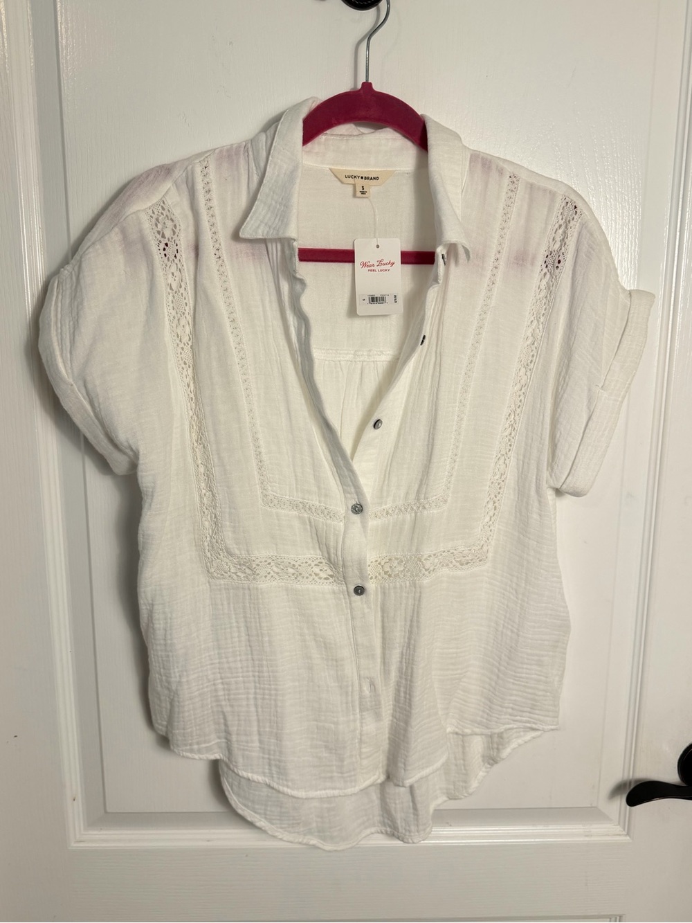 Lucky Brand White Gauze Button-Up Crochet Trim Top